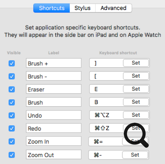 Astropad screenshot showing keyboard shortcuts