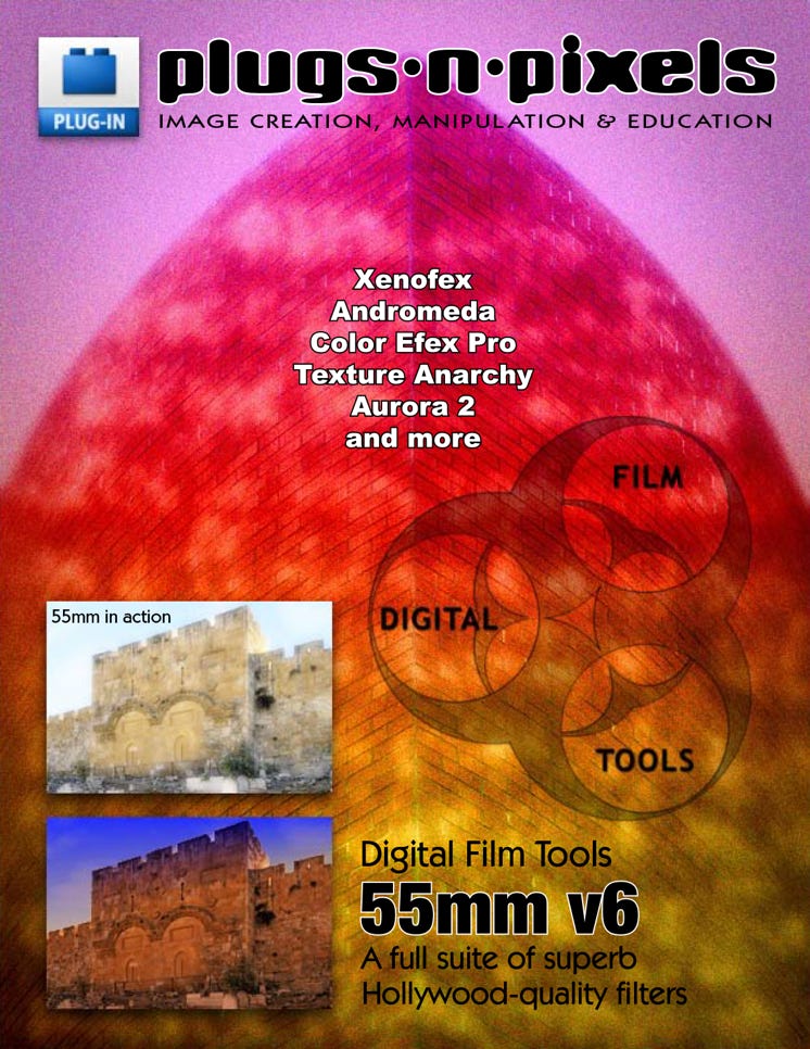 Plugs 'N Pixels ezine issue #2, Photoshop, plugins, plug-ins, digital imaging, digital film tools, 55mm light!, alien skin, xenofex, pixel genius, photokit, nik, color efex pro, texture anarchy, knoll light factory, lobster, skin tune, andromeda scatterlight, varifocus, perspective, shadow, red eye, digital element aurora, onone phototune