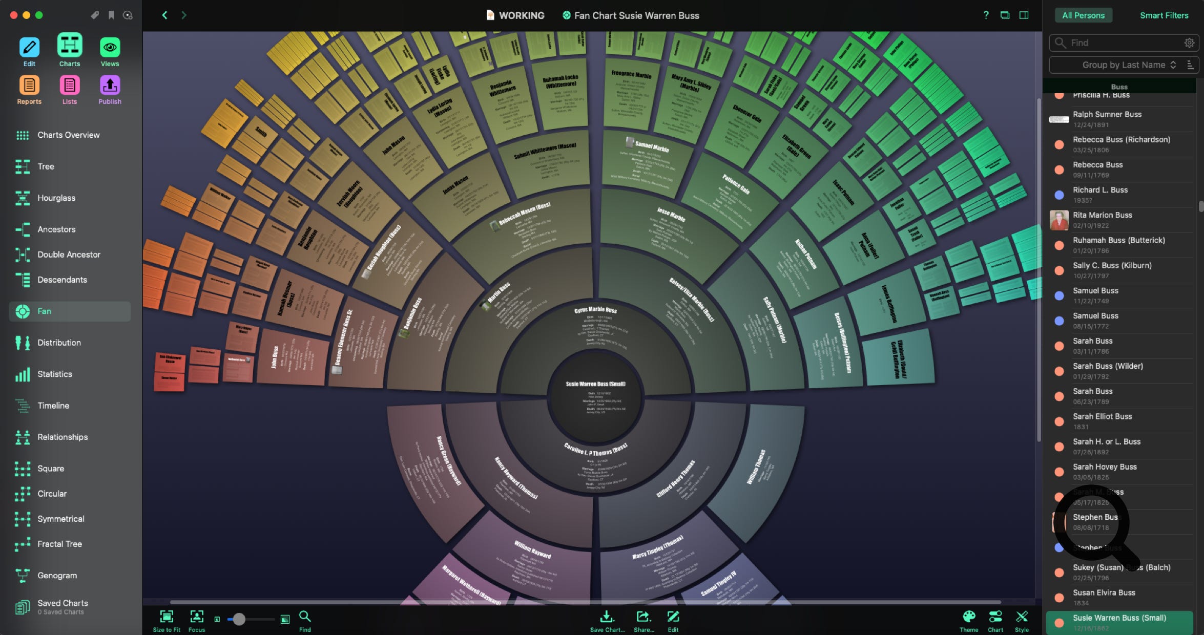 Synium MacFamilyTree screenshot with fan chart