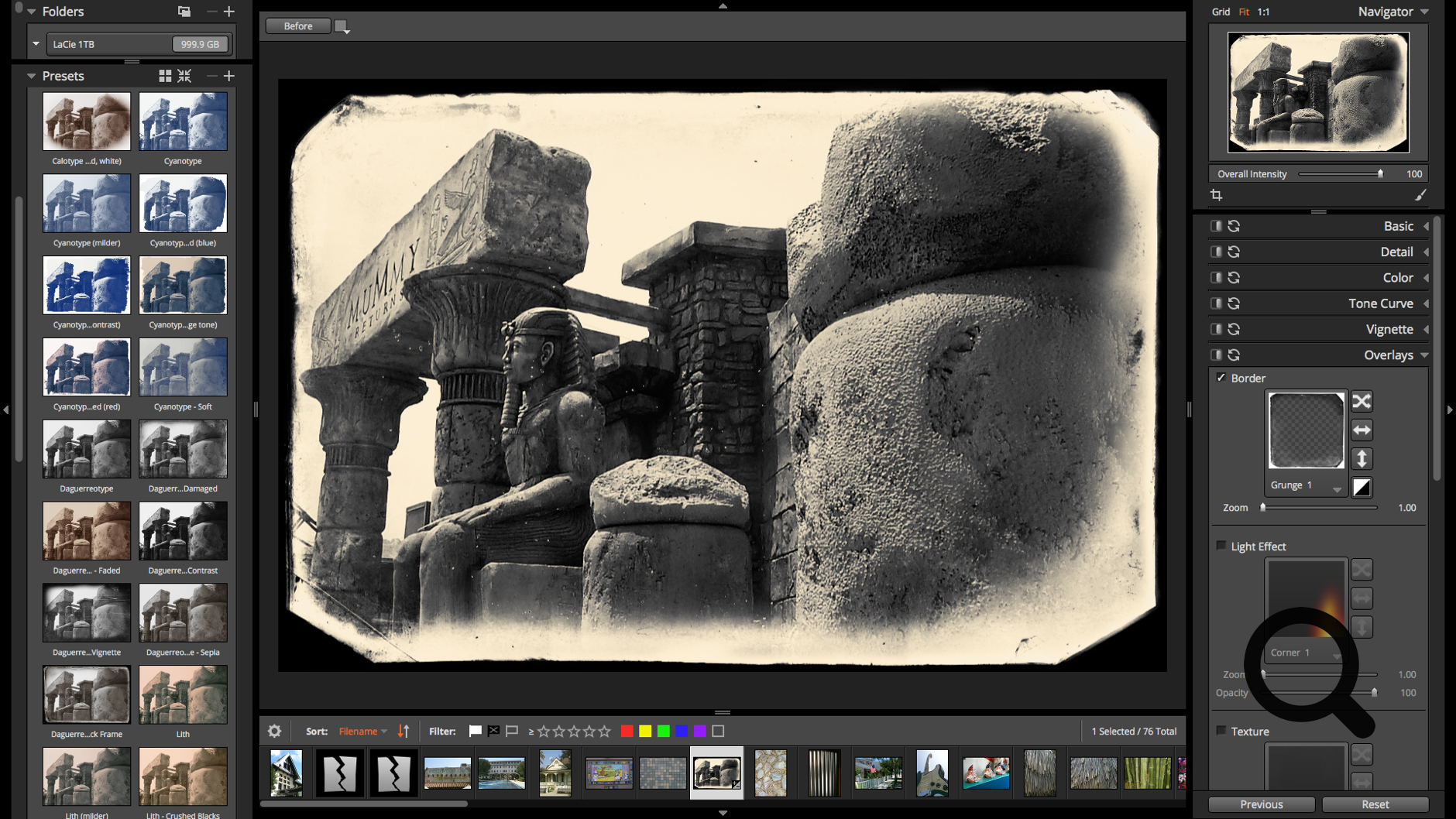 Screenshot of the Alien Skin Photo Bundle showing the results of a preset applied to an Egyptian temple