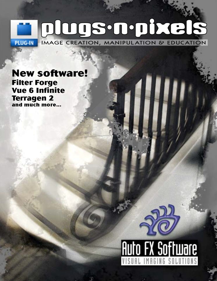 Plugs 'N Pixels ezine issue #8, mike bedford, canvas, photoshop, plugins, plug-ins, topaz adjust, auto fx, dreamsuite, e-on, vue, filter forge, terragen, gertrudis, calico, panorama, stitching, site grinder, web design, alien skin, snap art, b/w styler, .psd magazine, free ezine