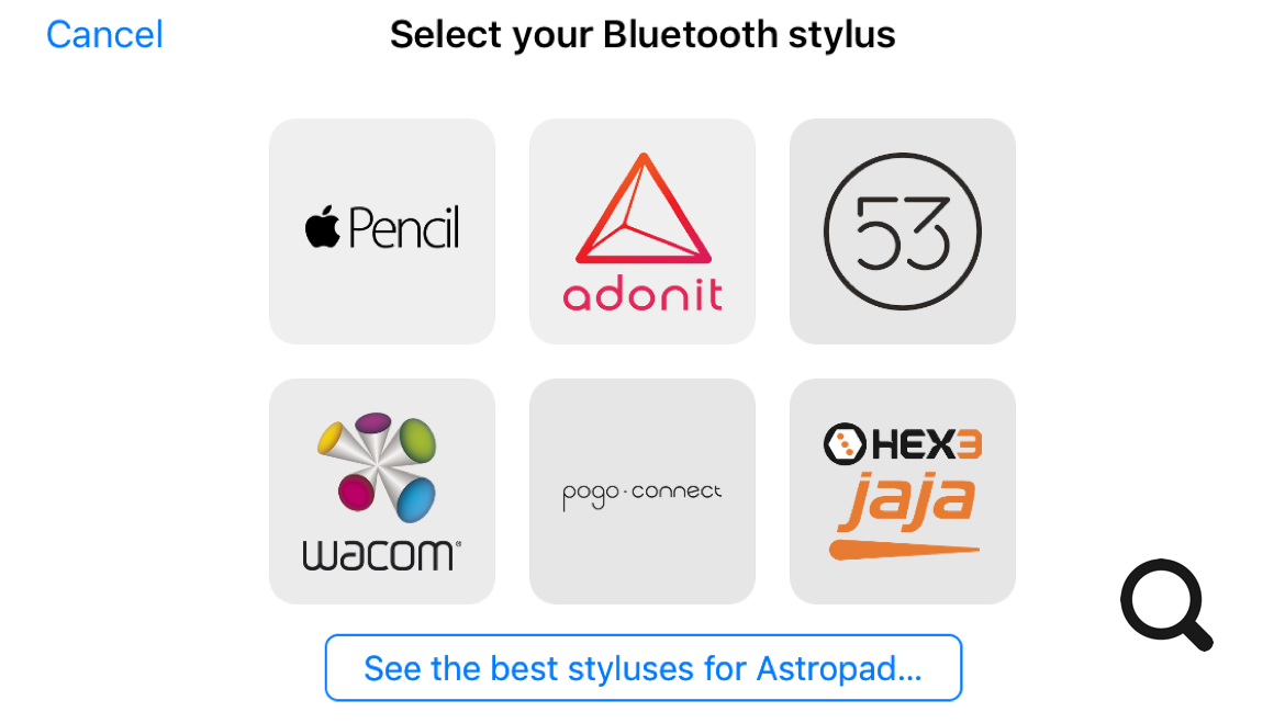 Astropad screenshot showing stylus options