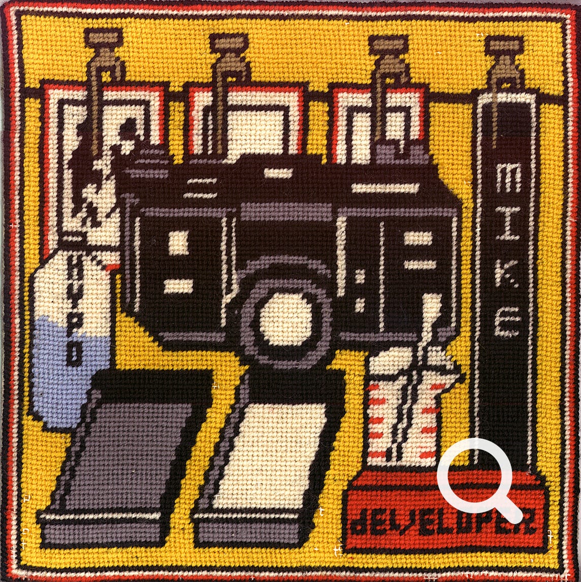 Darkroom-themed needlepoint featuring a camera, film strips and developing trays