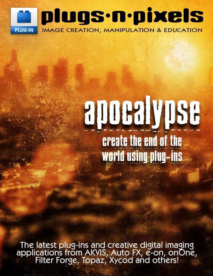 Plugs 'N Pixels ezine issue #20, photoshop, plug-ins, discounted, discounts, digital imaging, 3d, terragen, vue, web design, topaz b&w effects, topaz adjust, topaz lens effects, apocalypse, los angeles, mister retro, retrographer, onone, perfect photo suite, filter forge, akvis, enhancer, makeup, postworkshop, art effects, digital painting, jixipix, cheetah3d, av bros., photoshop extensions, e-on vue infinite, new world digital art