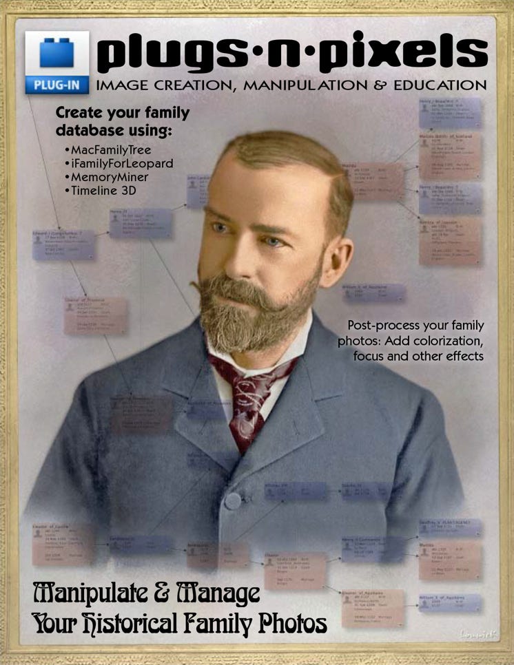 Plugs 'N Pixels ezine issue #12, Mike Bedford, plugins, plug-ins, photoshop, post processing, genealogy, family tree, ancestors, macfamily tree, ifamilyforleopard, memoryminer, timeline, timeline3d, onone focalpoint, akvis coloriage, kubota dashboard actions, 1-click actions, xaraxtreme, nik color efex pro, topaz labs adjust