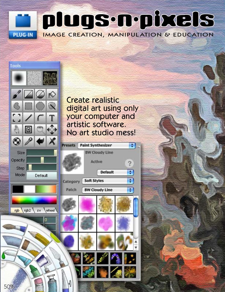 Plugs 'N Pixels ezine issue #5, photoshop, plugins, plug-ins, digital imaging, natural media, painting, paint, dogwaffle, pd pro, gertrudis, studio artist, corel painter, artrage, topaz adjust, topaz denoise, buzz x, photoartist